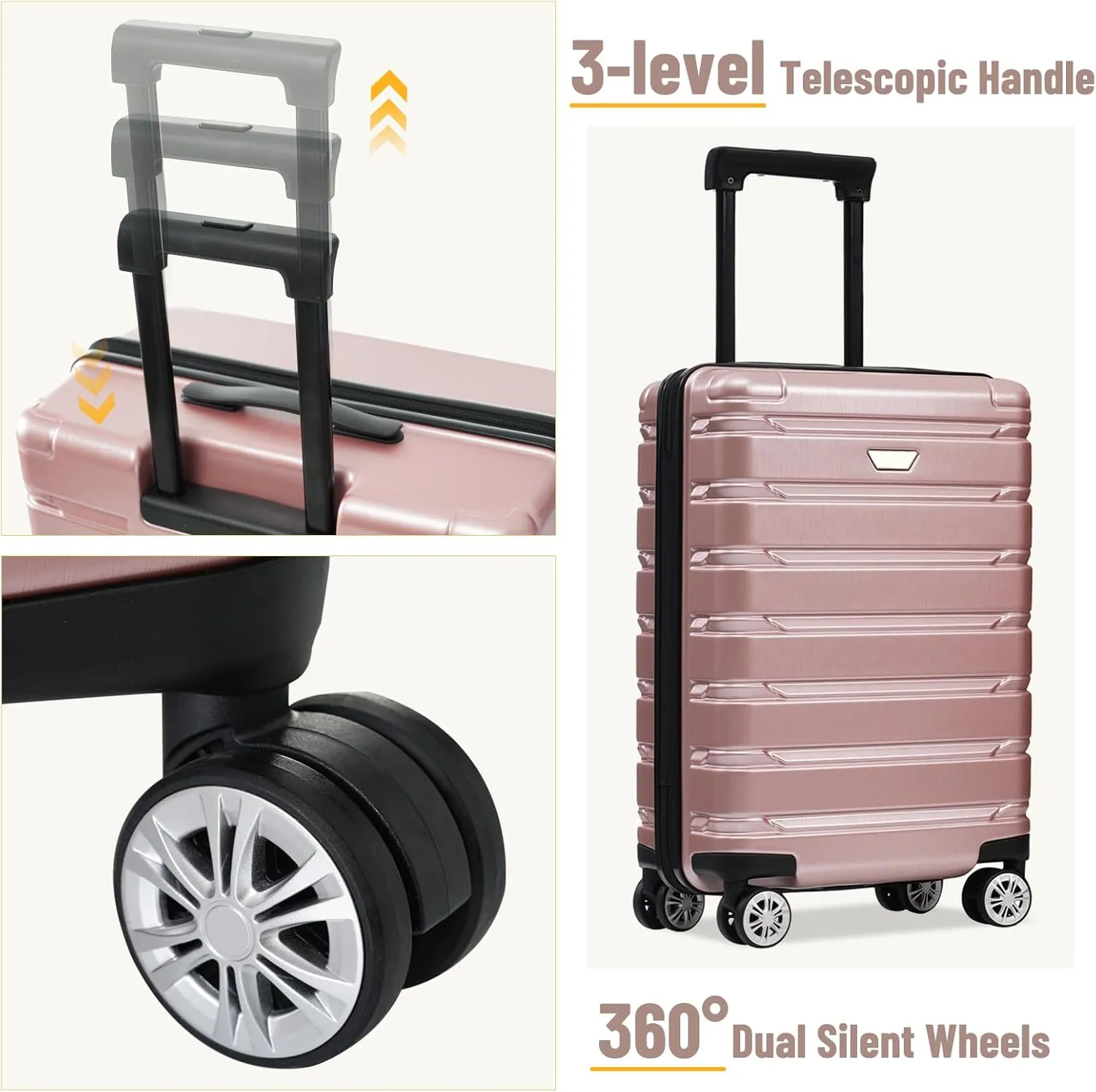 Hardshell Luggage Set, 3 Piece ABS PC Suitcase with Spinner Wheels (rose gold)
