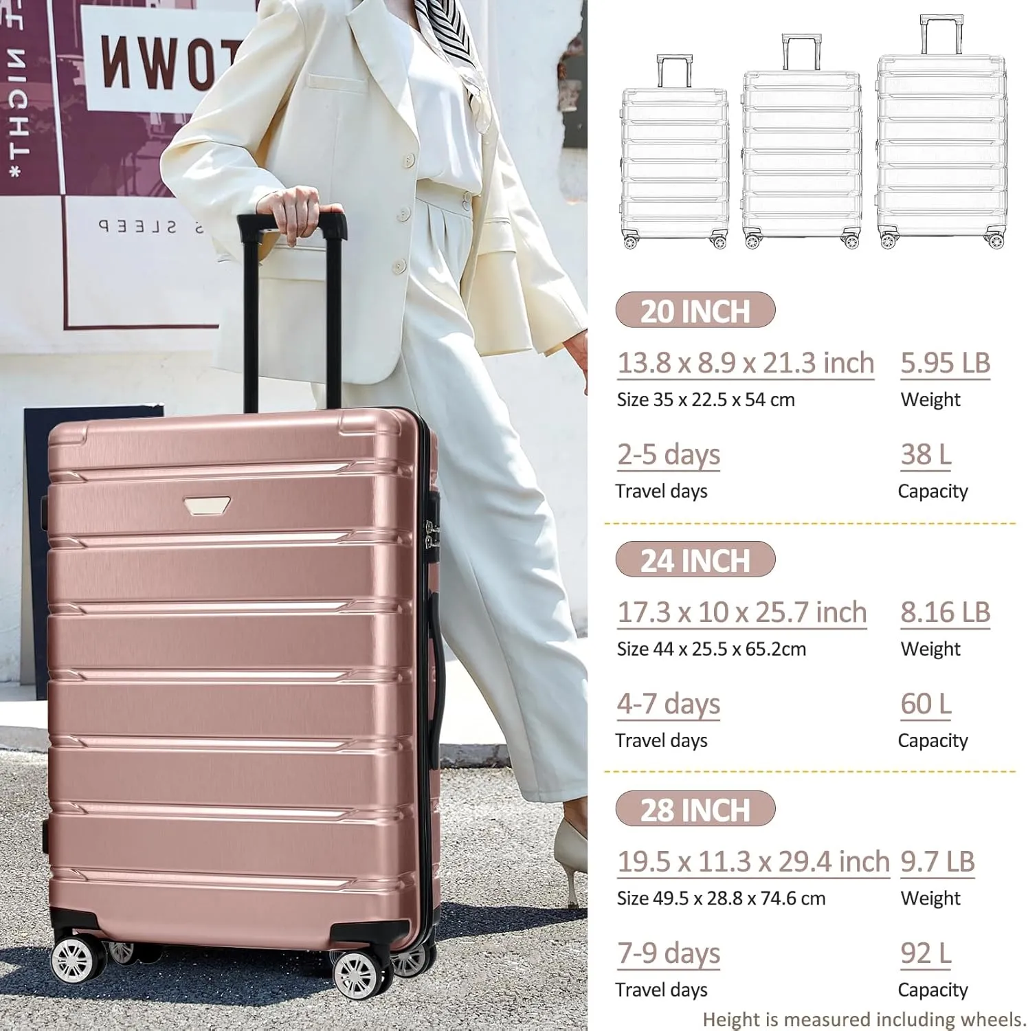 Hardshell Luggage Set, 3 Piece ABS PC Suitcase with Spinner Wheels (rose gold)
