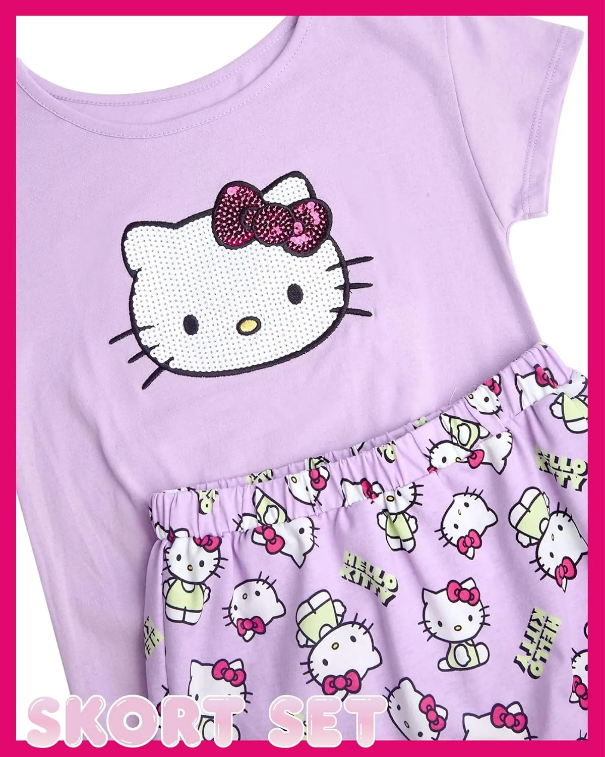 Hello Kitty Girls Skort Set - 2 Piece Graphic Crewneck Top and Short Skort Cute Outfit Set (Sizes: 2T-12)