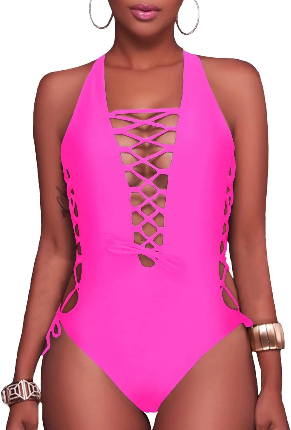 Holipick Women Sexy One Piece Swimsuit One Shoulder Bathing Suit Lace Up Swimwear Monokini