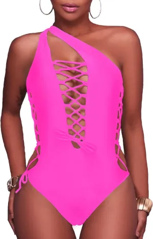Holipick Women Sexy One Piece Swimsuit One Shoulder Bathing Suit Lace Up Swimwear Monokini