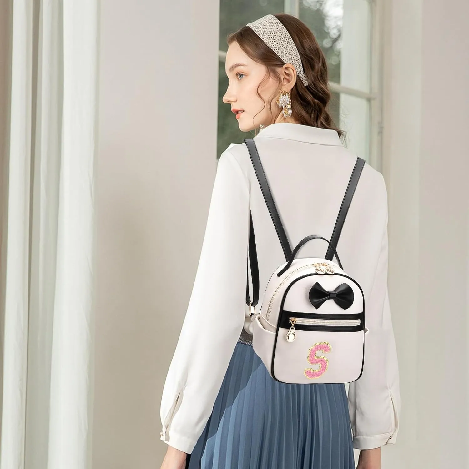 I IHAYNER Girls Bowknot Initial Backpack for Women Cute Mini Backpack for Girls Personalized Teen Girl gifts Trendy Stuff Black-S