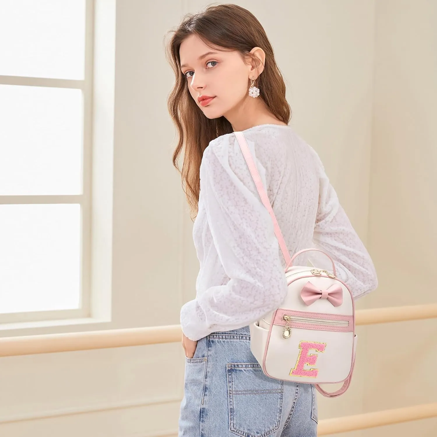 I IHAYNER Girls Initial Bowknot Small Leather Backpack Cute Mini Backpack Personalized Trendy Stuff Gifts for Women Pink-E