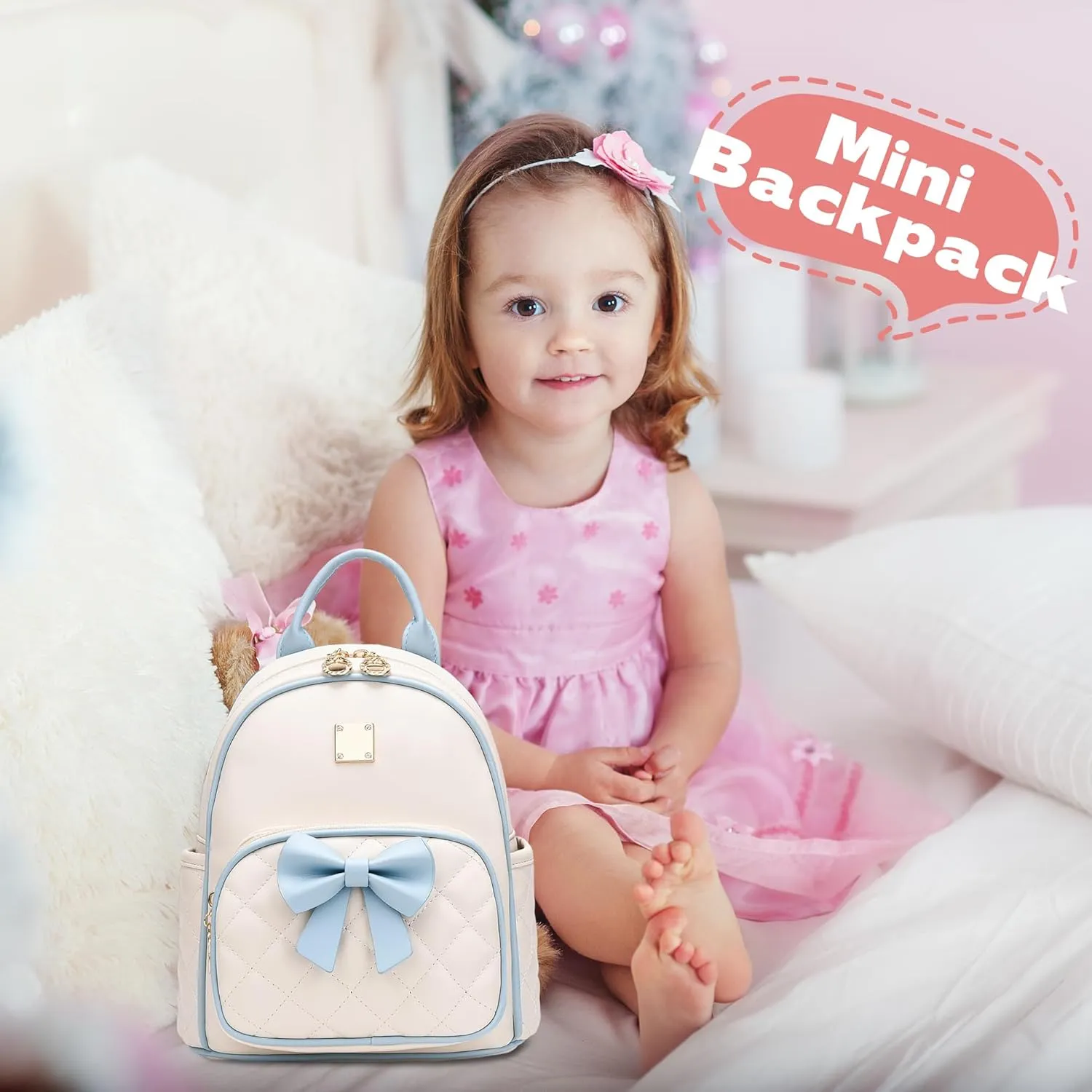 I IHAYNER Women Quilted Leather Backpack Small Bowknot Mini Backpack Purse for Girls Personalized Trendy Stuff Gifts for Kids Blue