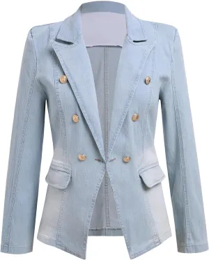IBAKOM Denim Blazer Suit for Women Notch Collar One Button Office Lady Business Work Outfits Lapel Fall Winter Jean Jacket