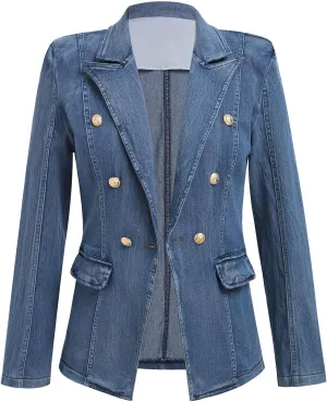 IBAKOM Denim Blazer Suit for Women Notch Collar One Button Office Lady Business Work Outfits Lapel Fall Winter Jean Jacket