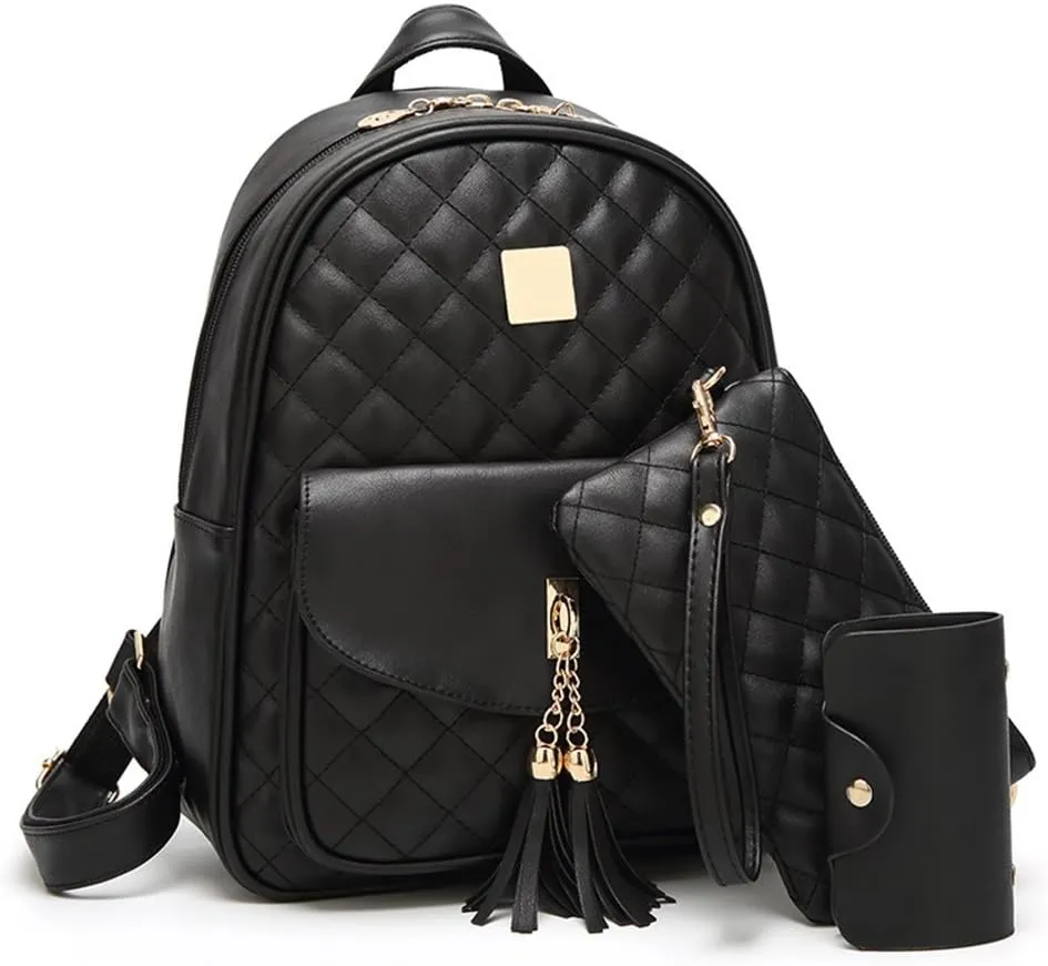 IHAYNER Women's Simple Design Quilted Mini Backpack - 3Pcs Leather Backpack Purse for Women