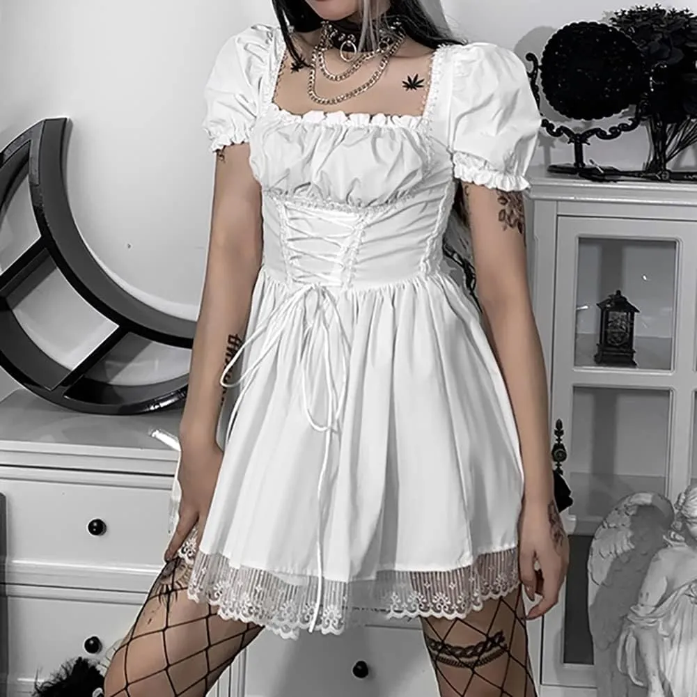 IKADEX Women Gothic Dress Vintage Lace Grunge Punk Goth Dresses Casual Cosplay Party Cocktail