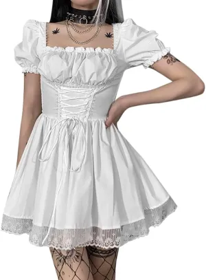 IKADEX Women Gothic Dress Vintage Lace Grunge Punk Goth Dresses Casual Cosplay Party Cocktail