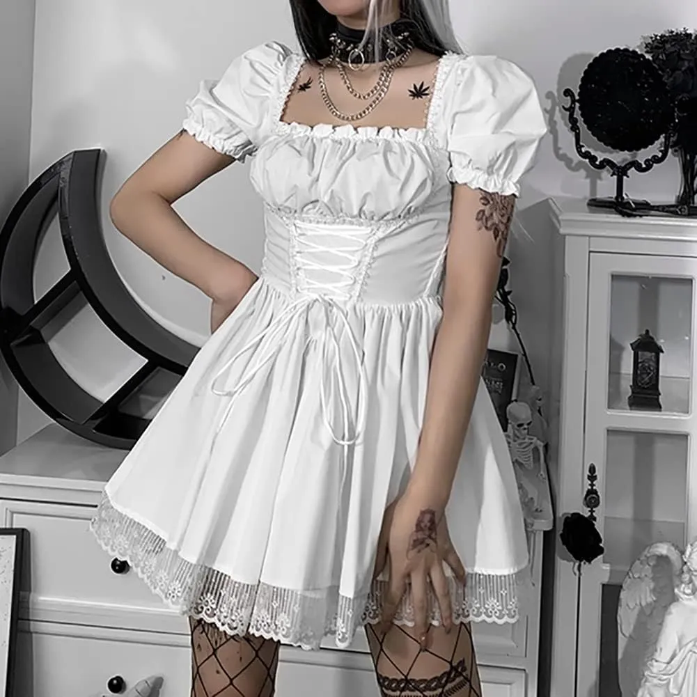 IKADEX Women Gothic Dress Vintage Lace Grunge Punk Goth Dresses Casual Cosplay Party Cocktail