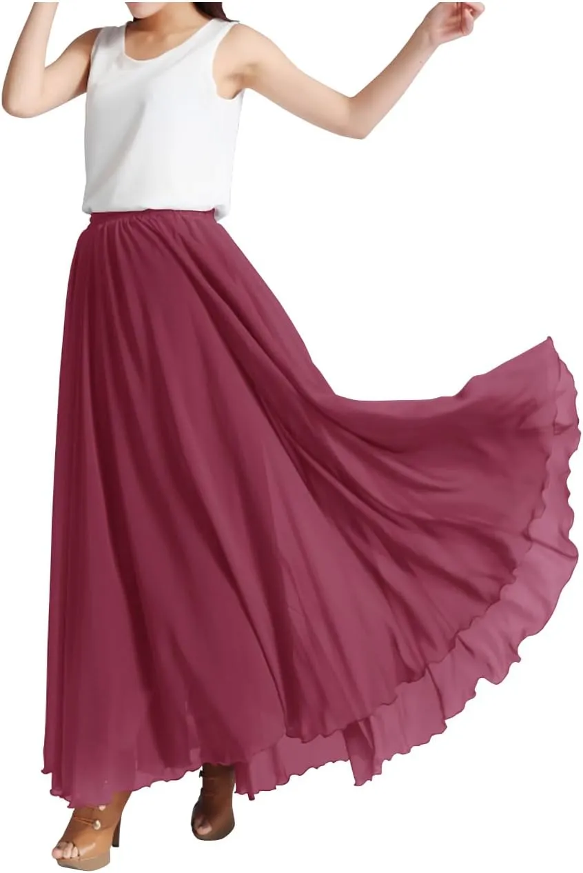 Indian Trendy Women's Summer Chiffon Mopping Floor Length Big Hem Solid Beach Maxi Skirt Dress