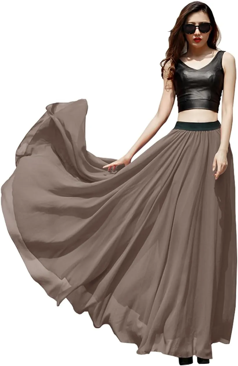Indian Trendy Women's Summer Chiffon Mopping Floor Length Big Hem Solid Beach Maxi Skirt Dress
