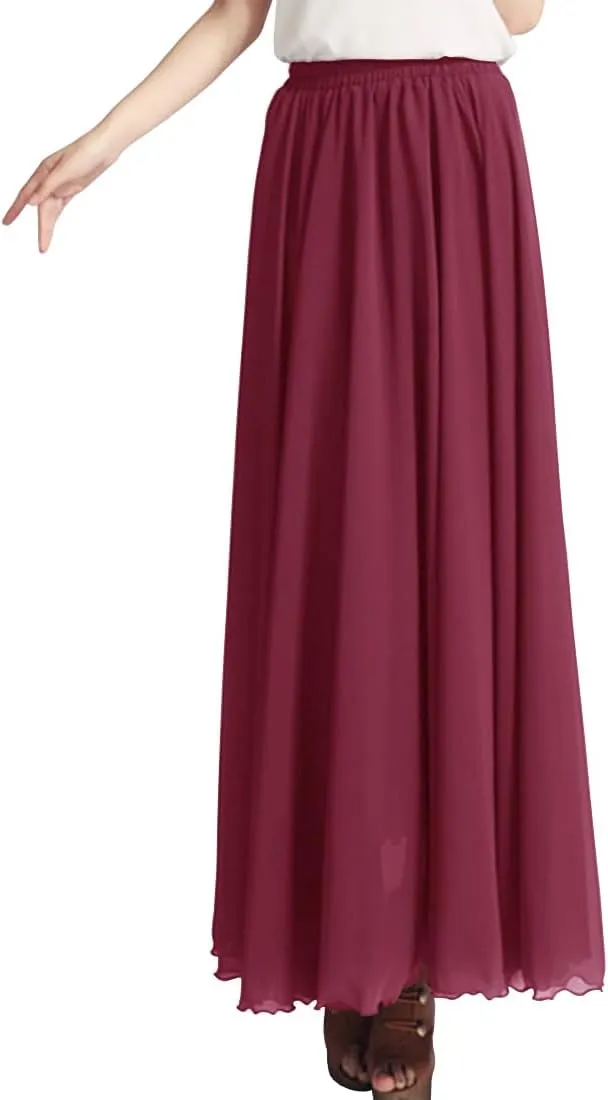 Indian Trendy Women's Summer Chiffon Mopping Floor Length Big Hem Solid Beach Maxi Skirt Dress