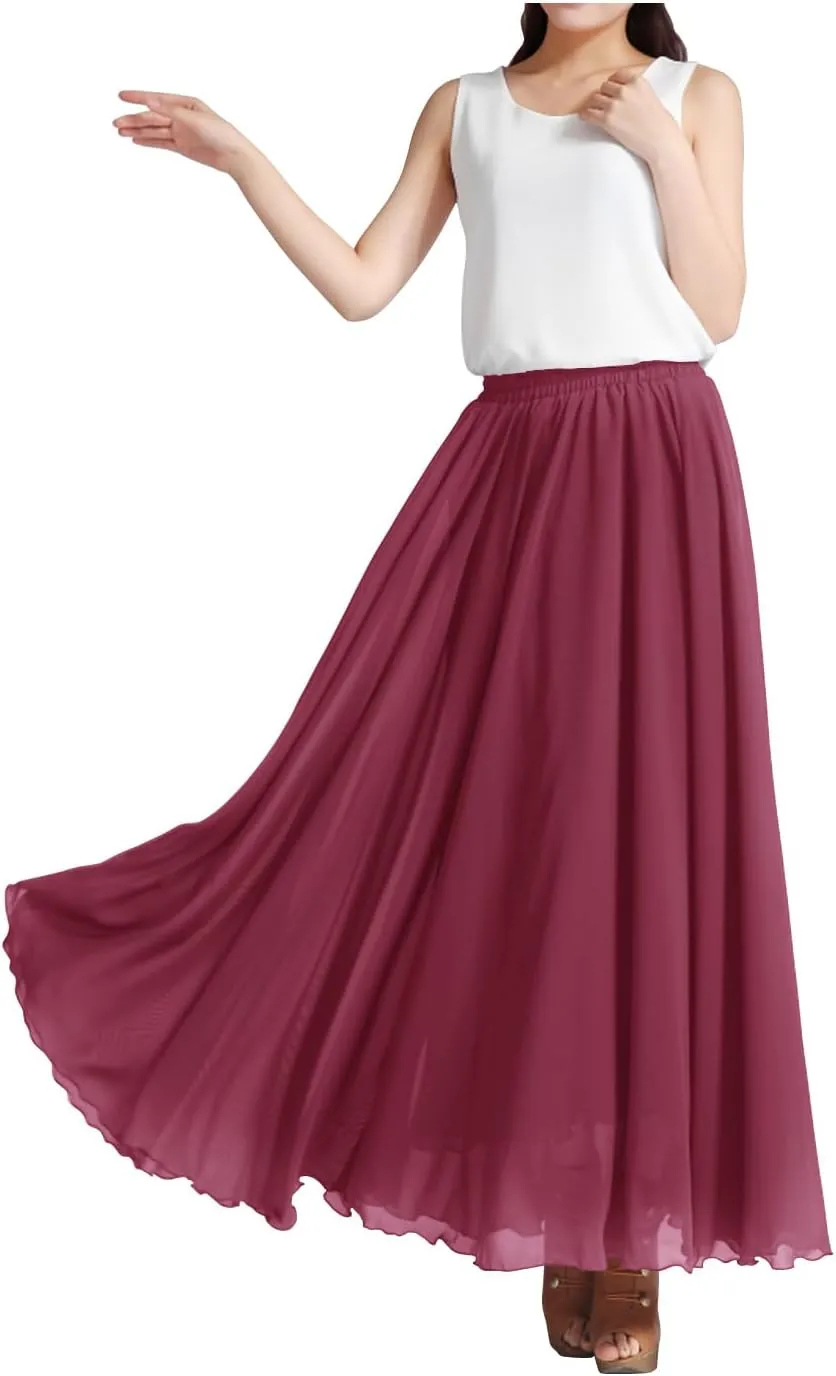 Indian Trendy Women's Summer Chiffon Mopping Floor Length Big Hem Solid Beach Maxi Skirt Dress