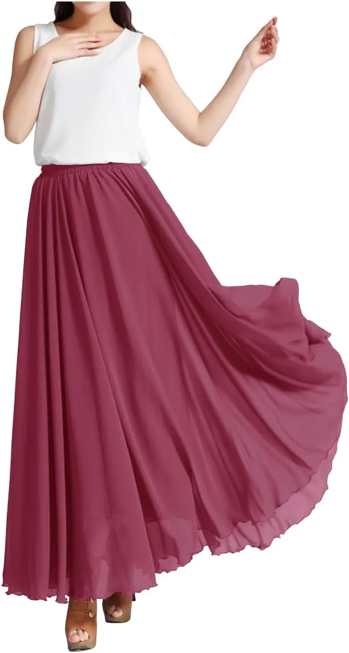 Indian Trendy Women's Summer Chiffon Mopping Floor Length Big Hem Solid Beach Maxi Skirt Dress