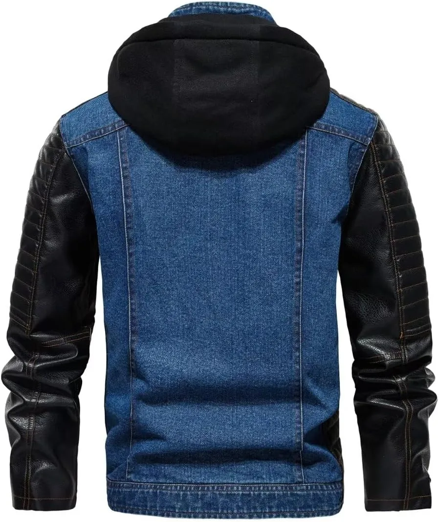 INVACHI Men's Denim Jacket Patchwork Faux Leather Motorcycle Jacket Slim Fit Biker Coat With Stand Collar