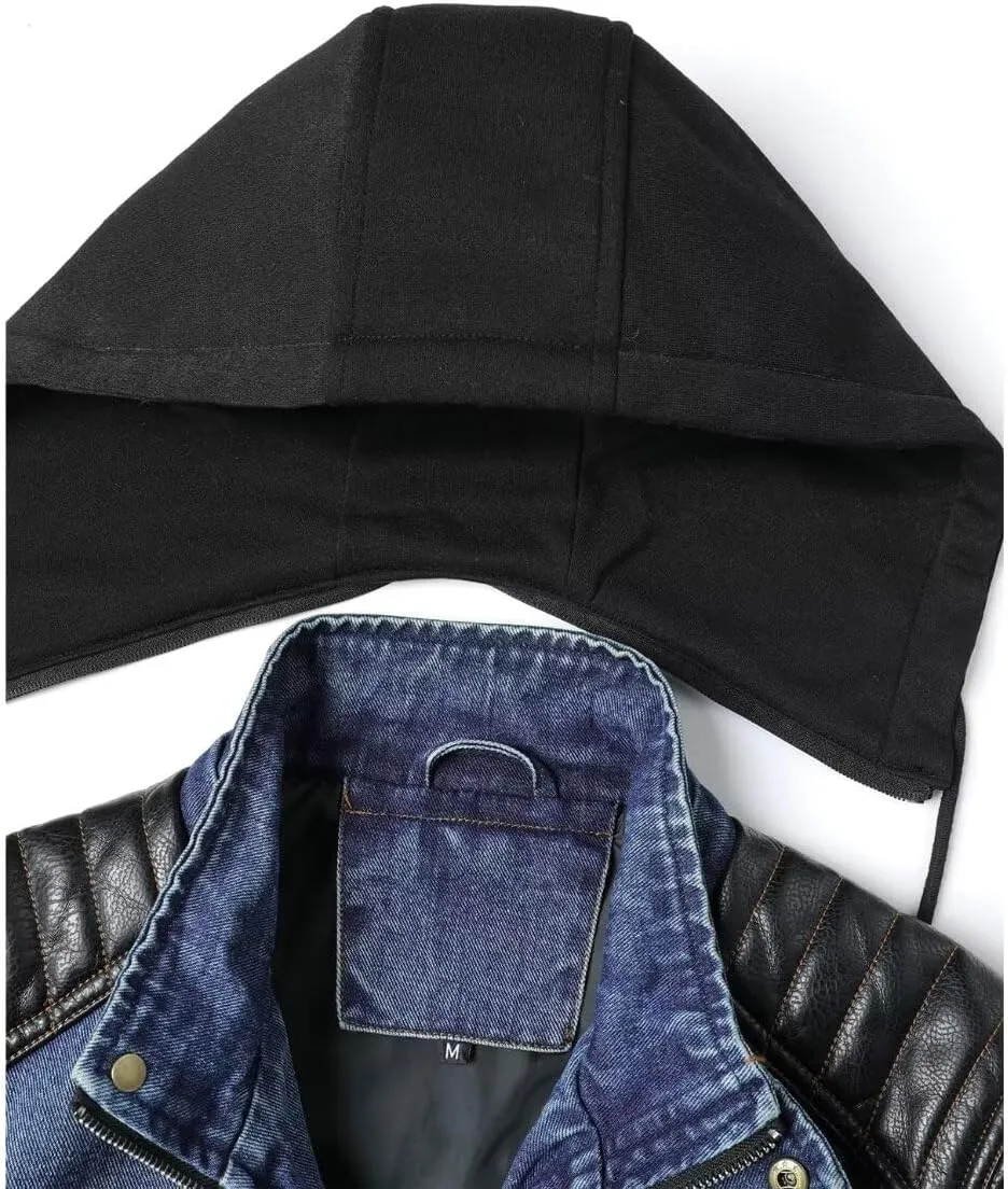INVACHI Men's Denim Jacket Patchwork Faux Leather Motorcycle Jacket Slim Fit Biker Coat With Stand Collar