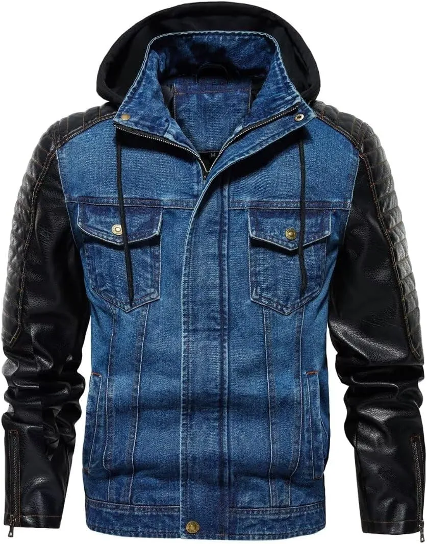 INVACHI Men's Denim Jacket Patchwork Faux Leather Motorcycle Jacket Slim Fit Biker Coat With Stand Collar