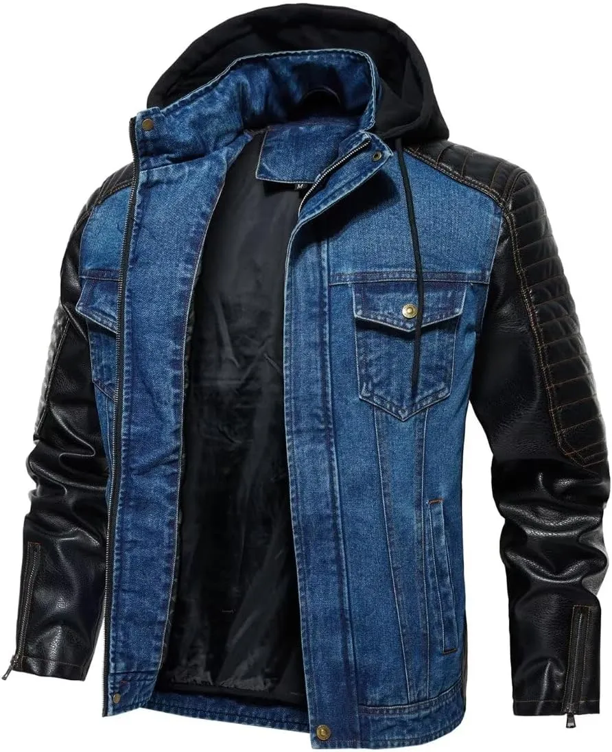 INVACHI Men's Denim Jacket Patchwork Faux Leather Motorcycle Jacket Slim Fit Biker Coat With Stand Collar