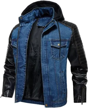 INVACHI Men's Denim Jacket Patchwork Faux Leather Motorcycle Jacket Slim Fit Biker Coat With Stand Collar