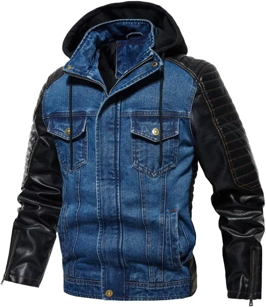 INVACHI Men's Denim Jacket Patchwork Faux Leather Motorcycle Jacket Slim Fit Biker Coat With Stand Collar
