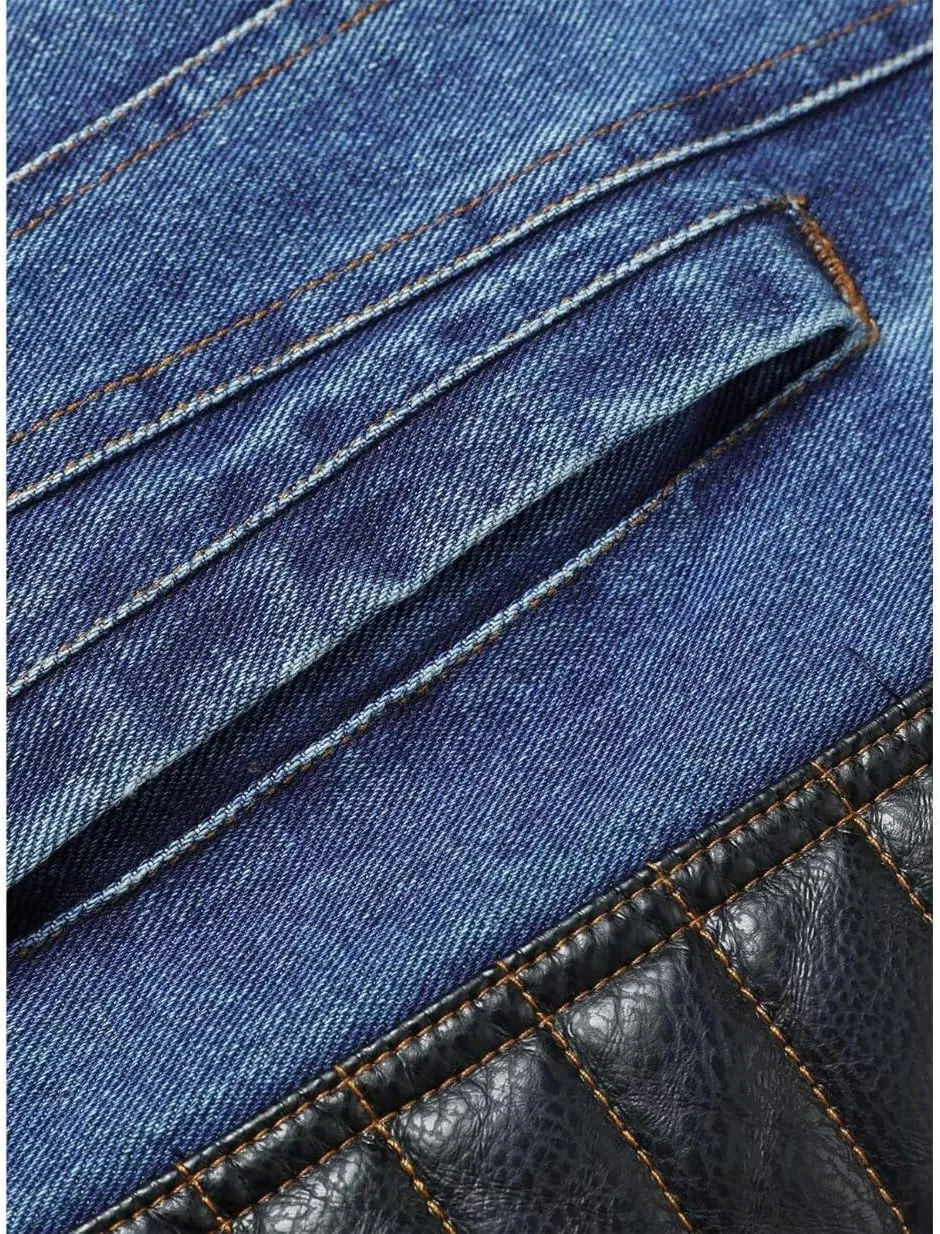 INVACHI Men's Denim Jacket Patchwork Faux Leather Motorcycle Jacket Slim Fit Biker Coat With Stand Collar