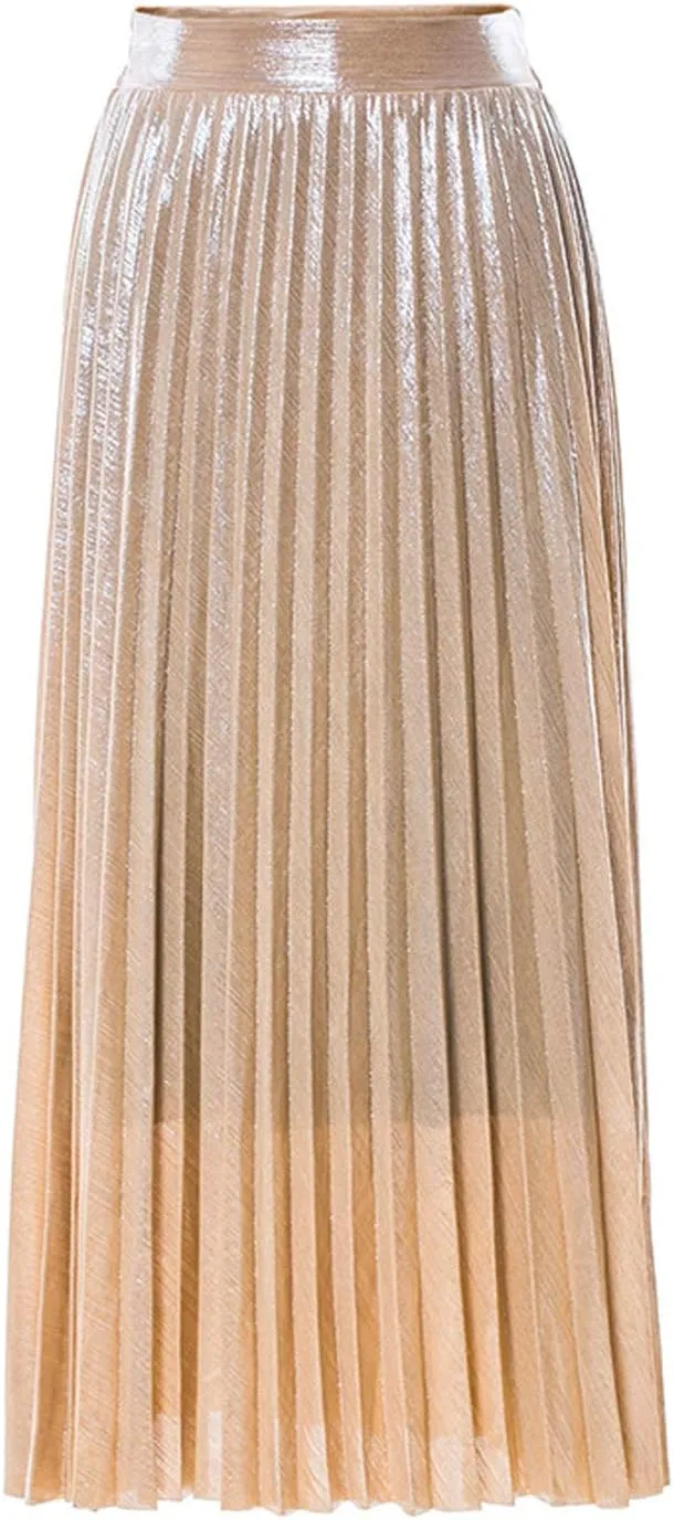 Itemnew Women's Stylish Metallic Color Shiny High Waist Pleated Swing Long Skirt