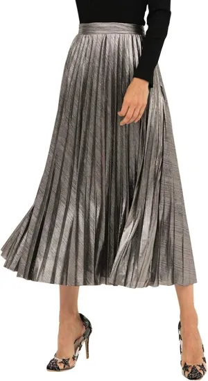 Itemnew Women's Stylish Metallic Color Shiny High Waist Pleated Swing Long Skirt