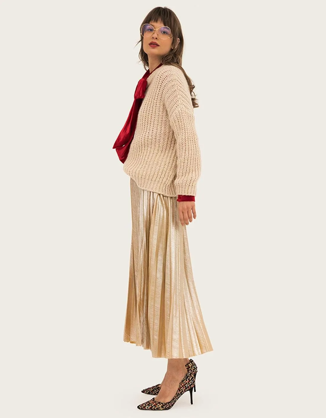 Itemnew Women's Stylish Metallic Color Shiny High Waist Pleated Swing Long Skirt