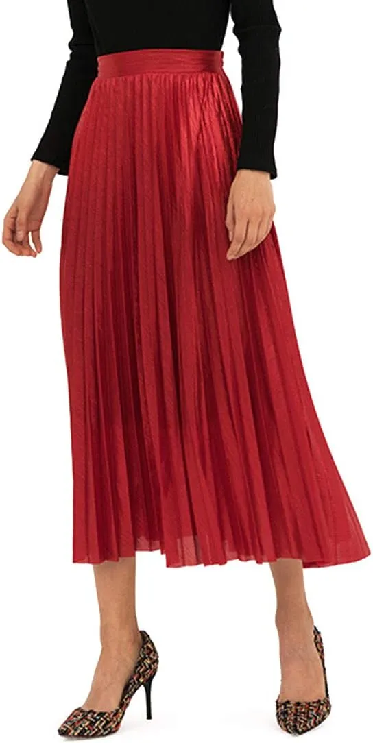 Itemnew Women's Stylish Metallic Color Shiny High Waist Pleated Swing Long Skirt