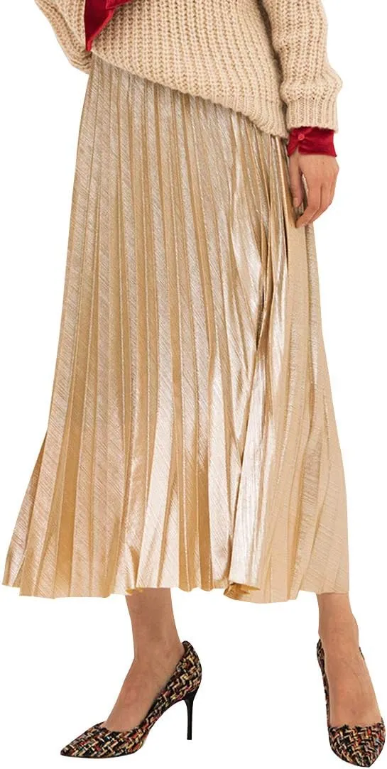 Itemnew Women's Stylish Metallic Color Shiny High Waist Pleated Swing Long Skirt