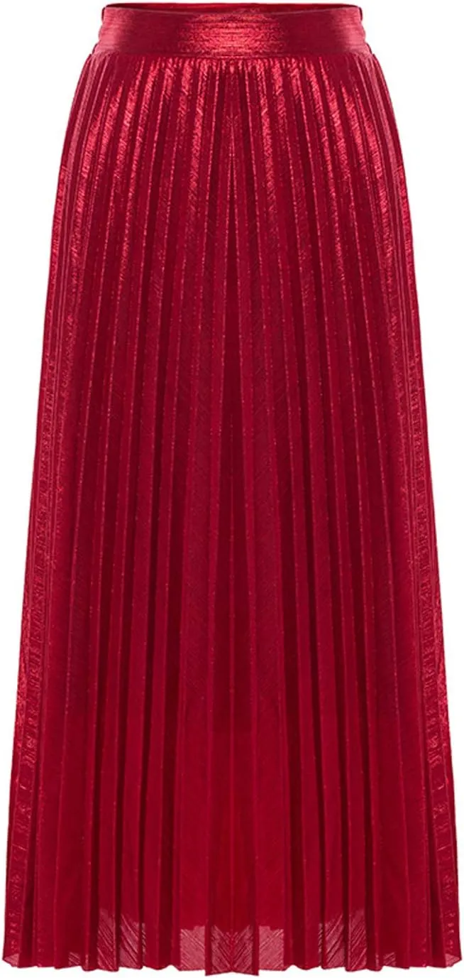 Itemnew Women's Stylish Metallic Color Shiny High Waist Pleated Swing Long Skirt