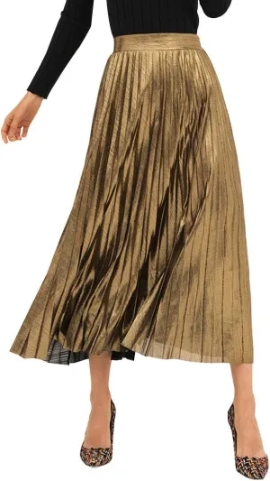 Itemnew Women's Stylish Metallic Color Shiny High Waist Pleated Swing Long Skirt