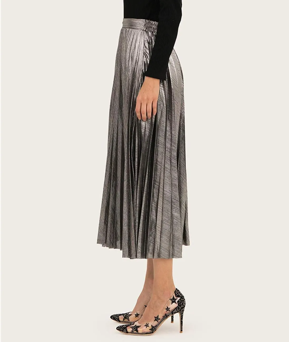 Itemnew Women's Stylish Metallic Color Shiny High Waist Pleated Swing Long Skirt