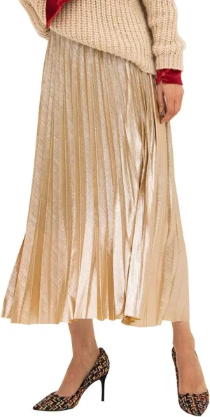 Itemnew Women's Stylish Metallic Color Shiny High Waist Pleated Swing Long Skirt
