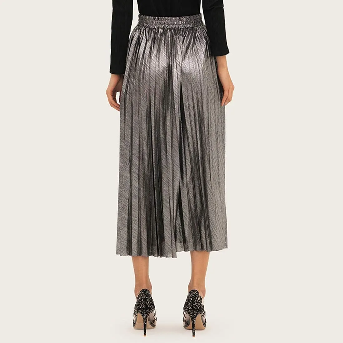 Itemnew Women's Stylish Metallic Color Shiny High Waist Pleated Swing Long Skirt