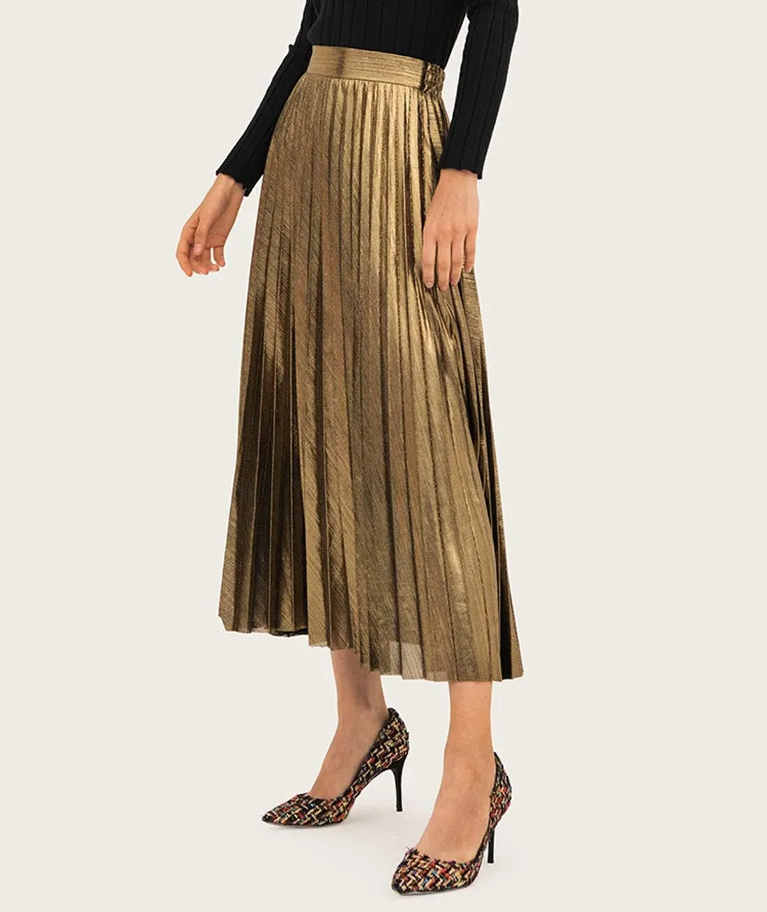 Itemnew Women's Stylish Metallic Color Shiny High Waist Pleated Swing Long Skirt