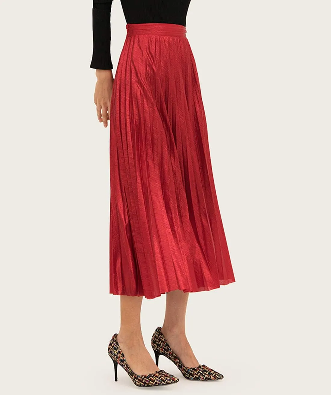 Itemnew Women's Stylish Metallic Color Shiny High Waist Pleated Swing Long Skirt