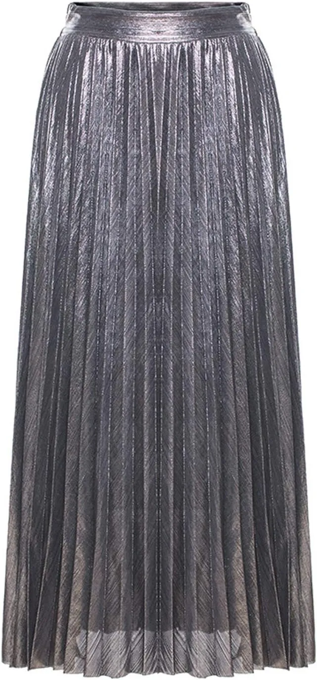 Itemnew Women's Stylish Metallic Color Shiny High Waist Pleated Swing Long Skirt