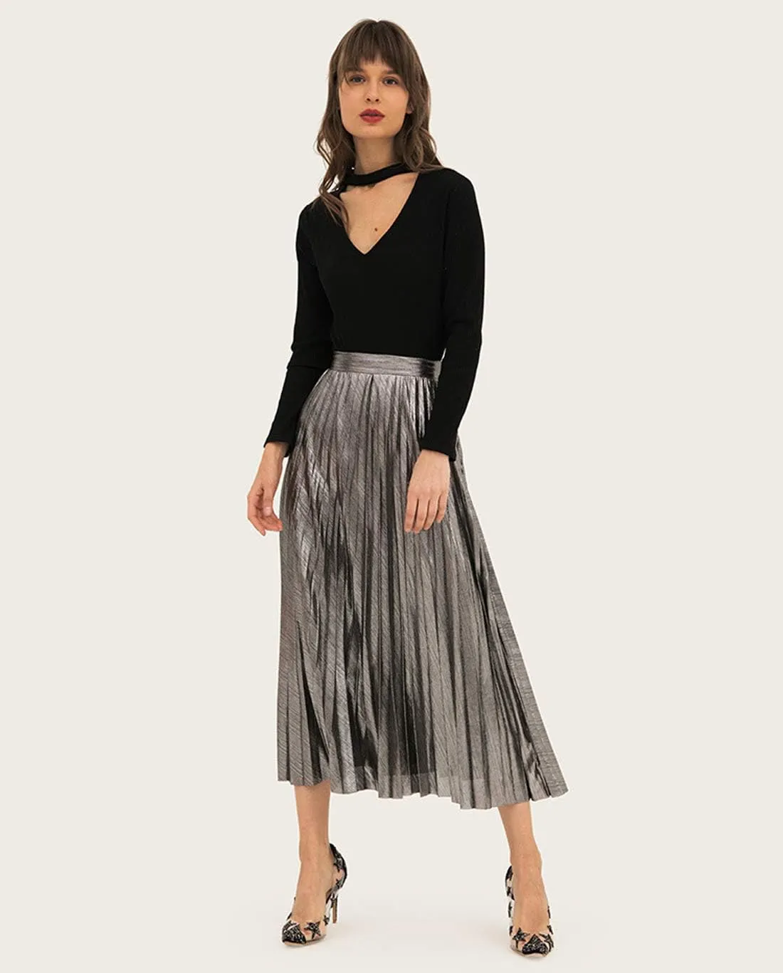 Itemnew Women's Stylish Metallic Color Shiny High Waist Pleated Swing Long Skirt