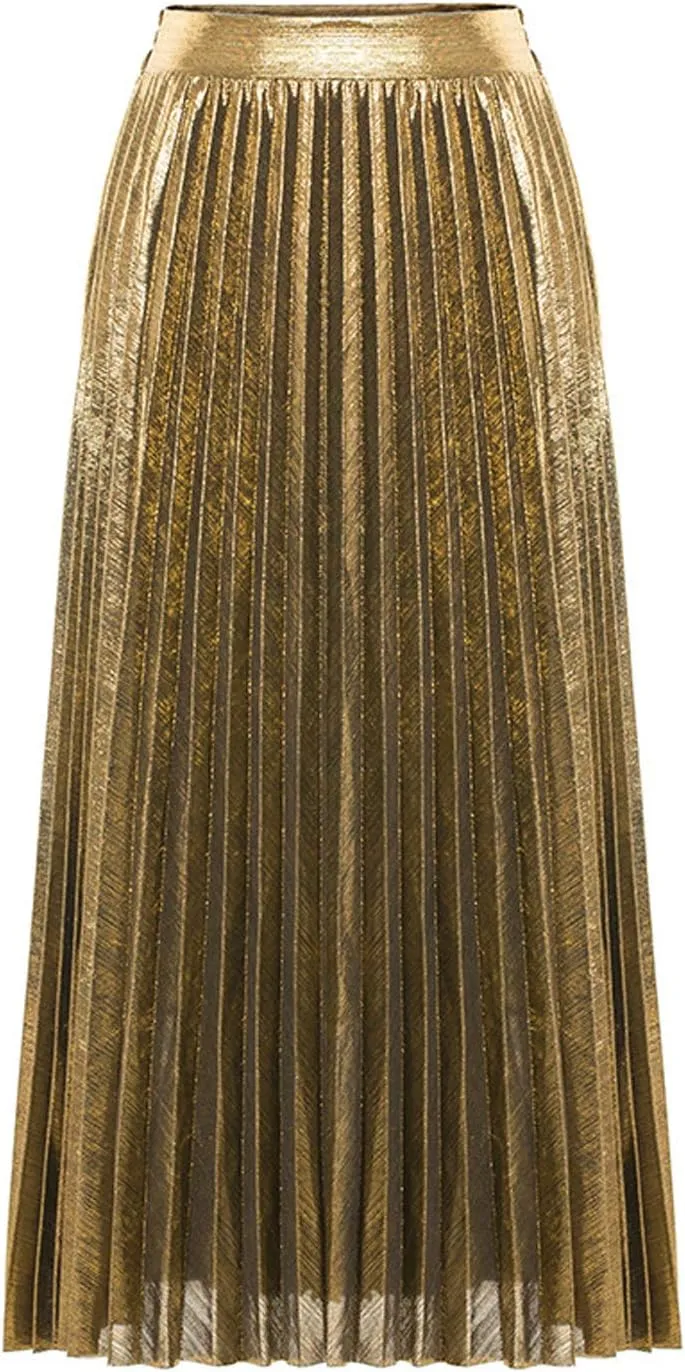 Itemnew Women's Stylish Metallic Color Shiny High Waist Pleated Swing Long Skirt