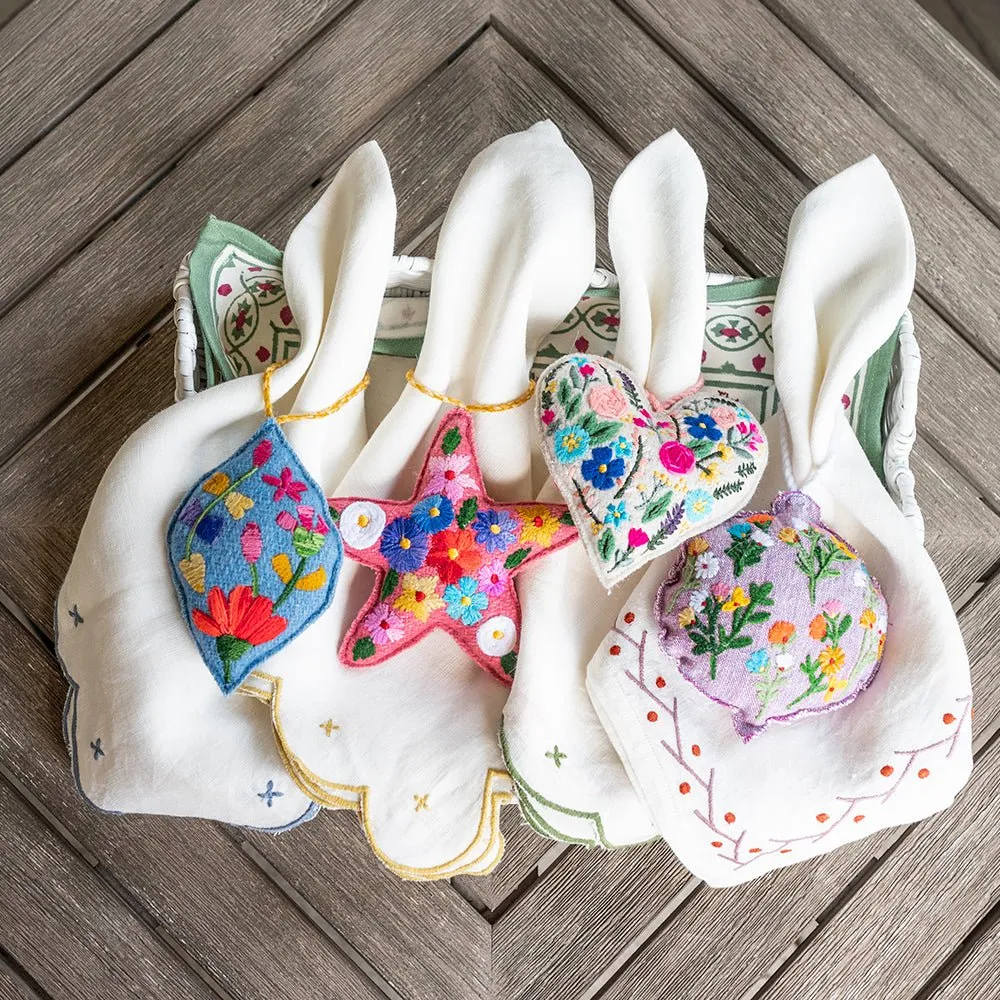 Ivory Embroidered Floral Ornaments | Set of 5