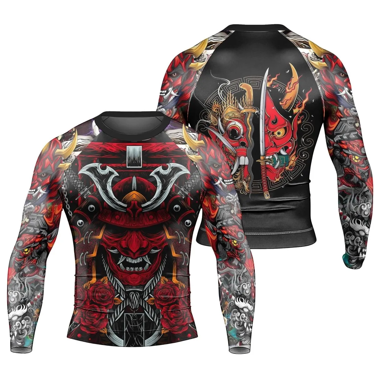 Japanese Red Demon Samurai Long Sleeve Rash Guard