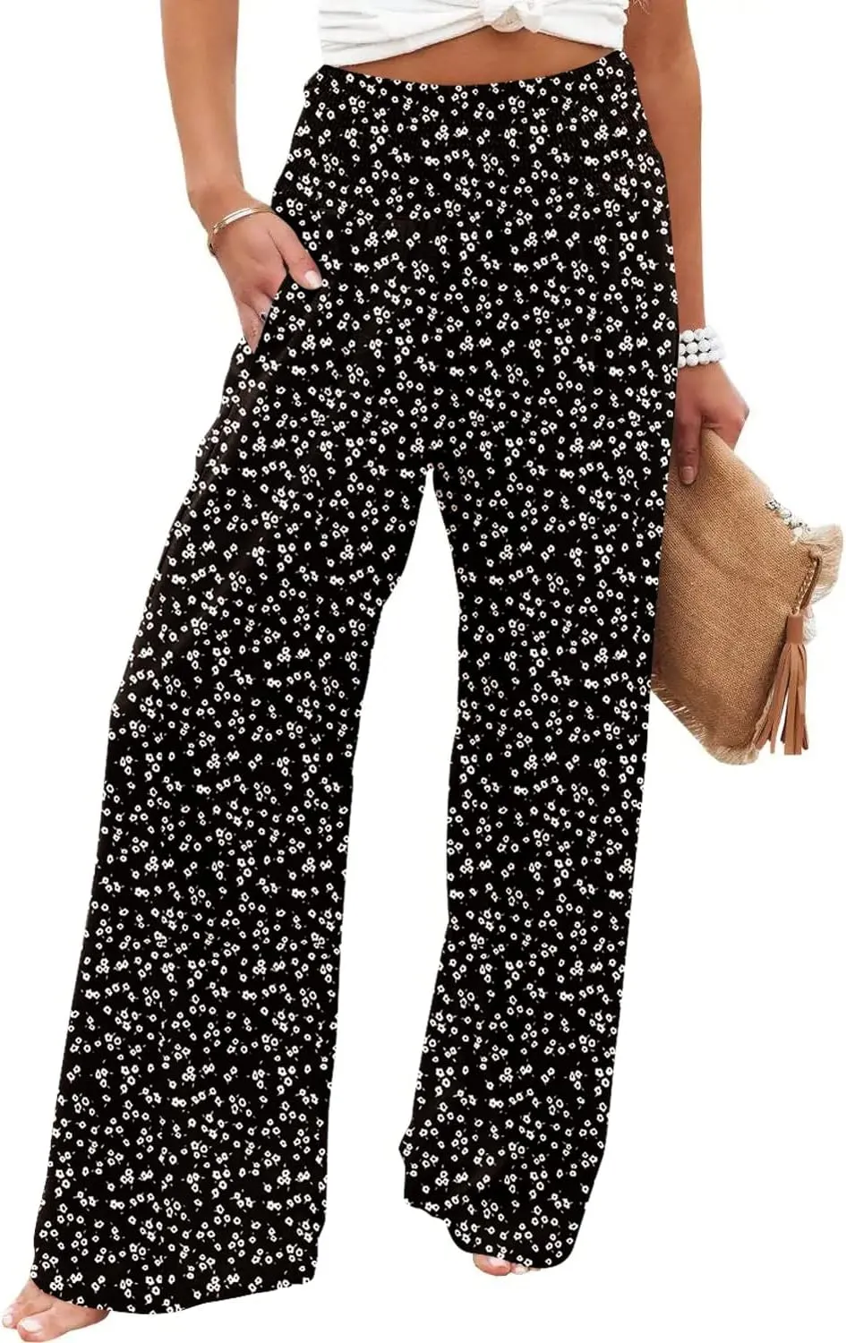 JASPAL Women Casual High Waisted Palazzo Pants Wide Leg Long Lounge Trendy Trousers with Pocket