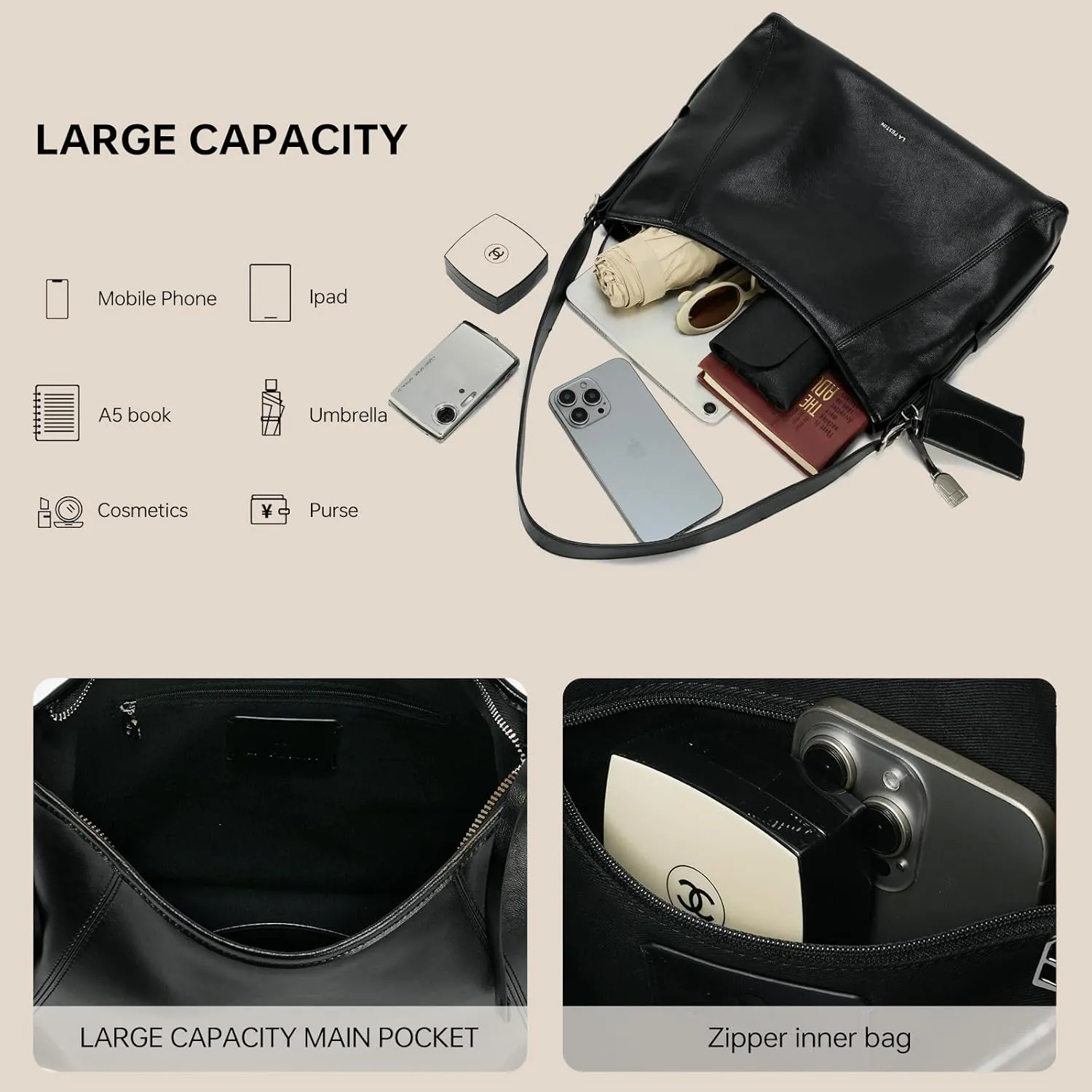 LA'FESTIN Leather Shoulder Purse For Women: Black Crossbody Bags Small Handbags - Trendy Medium Hobo Bag