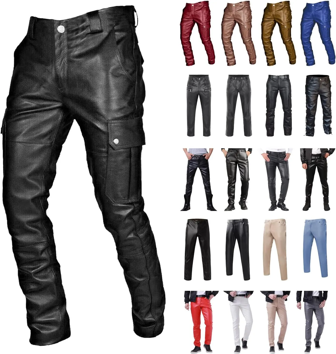 Leather Pants for Men Slim Fit Skinny Stretch Faux Leather Motorcycle Biker Pants Fashion Punk Retro Goth Hip Hop Trousers
