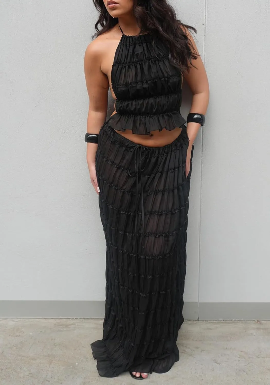 LETSVDO Skirt Sets Women 2 Piece Outfits Backless Halter Top And Pleated Ruffle Flowy Maxi Skirts Y2k Beach Vacation Set