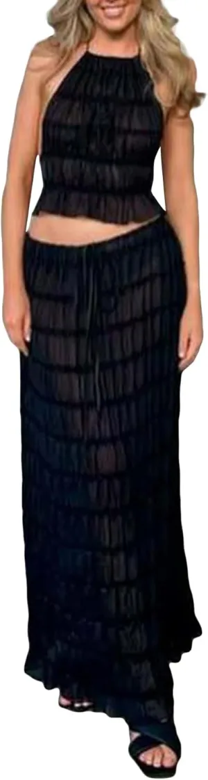LETSVDO Skirt Sets Women 2 Piece Outfits Backless Halter Top And Pleated Ruffle Flowy Maxi Skirts Y2k Beach Vacation Set
