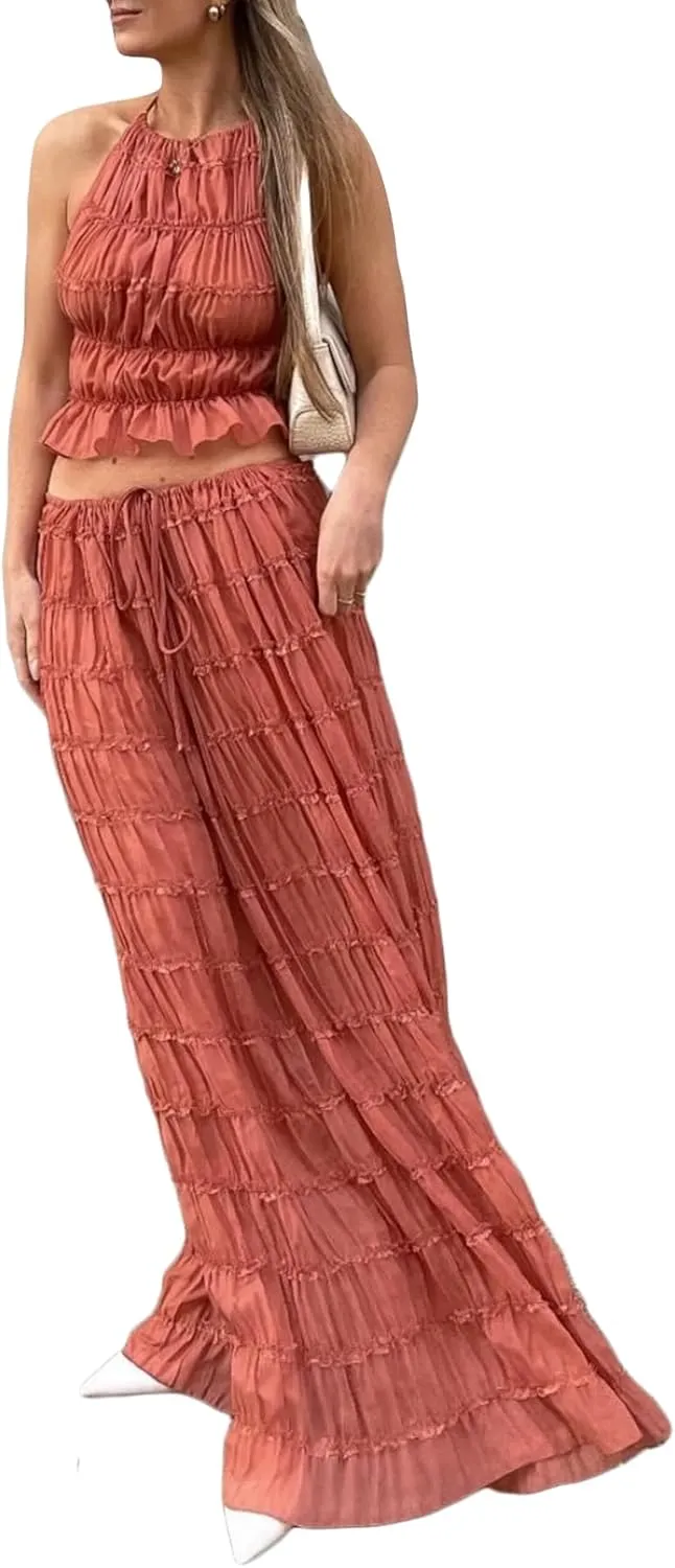LETSVDO Skirt Sets Women 2 Piece Outfits Backless Halter Top And Pleated Ruffle Flowy Maxi Skirts Y2k Beach Vacation Set