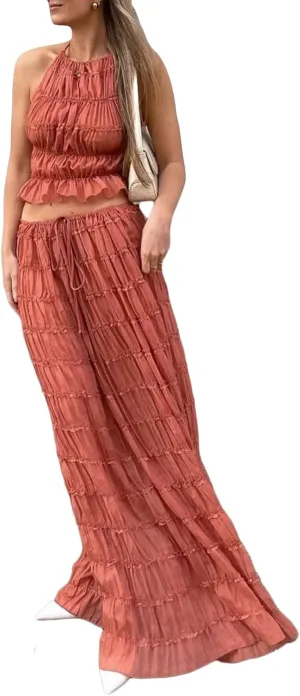 LETSVDO Skirt Sets Women 2 Piece Outfits Backless Halter Top And Pleated Ruffle Flowy Maxi Skirts Y2k Beach Vacation Set